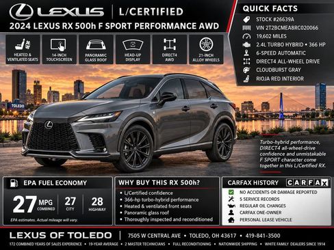 Certified 2024 Lexus RX 500h F Sport w/ Cold Area Package AWD/4WD image 1