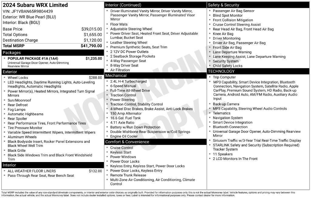 Used 2024 Subaru WRX Limited w/ Popular Package #1A AWD/4WD image 2