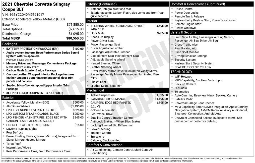 Used 2021 Chevrolet Corvette Stingray Premium Cpe w/ Battery Protection Package RWD image 1