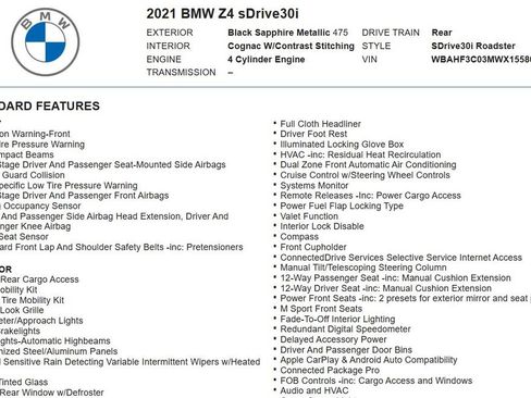 Used 2021 BMW Z4 sDrive30i w/ Premium Package RWD image 17