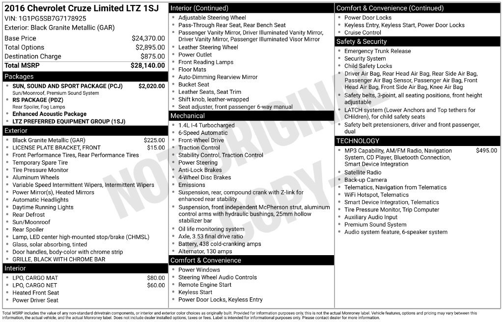 Used 2016 Chevrolet Cruze LTZ w/ Sun, Sound and Sport Package FWD image 32