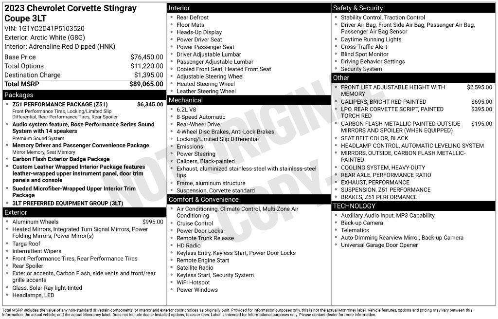 Used 2023 Chevrolet Corvette Stingray Premium Cpe w/ Z51 Performance Package RWD image 9