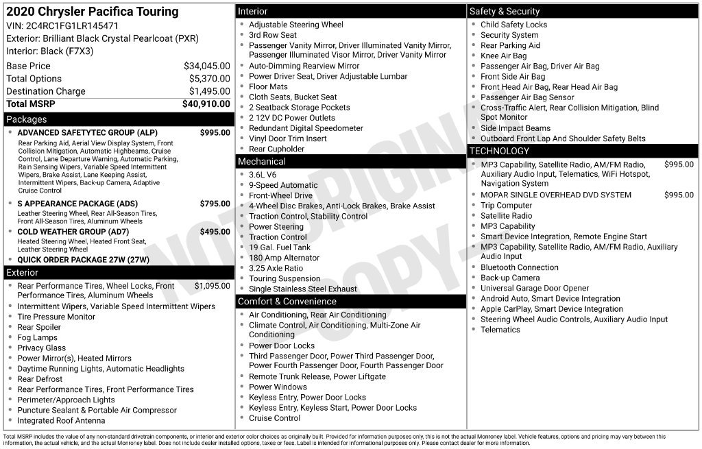 Used 2020 Chrysler Pacifica Touring w/ Advanced Safetytec Group FWD image 2