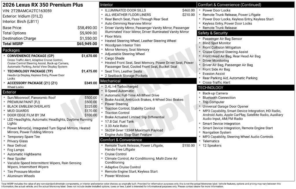 New 2026 Lexus RX 350 Premium Plus w/ Convenience Package AWD/4WD image 4