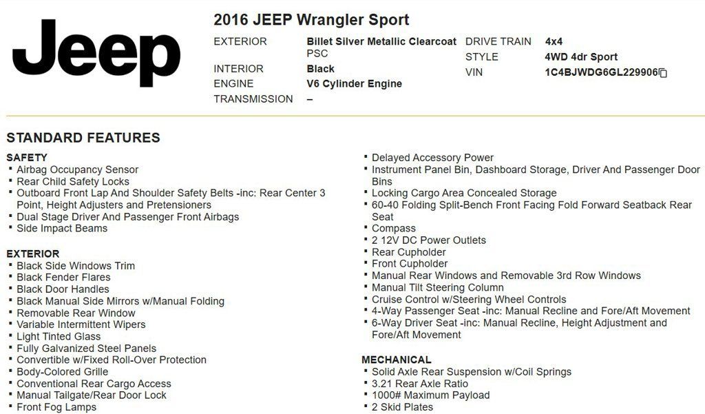 Used 2016 Jeep Wrangler Unlimited Sport w/ Quick Order Package 24S AWD/4WD image 18