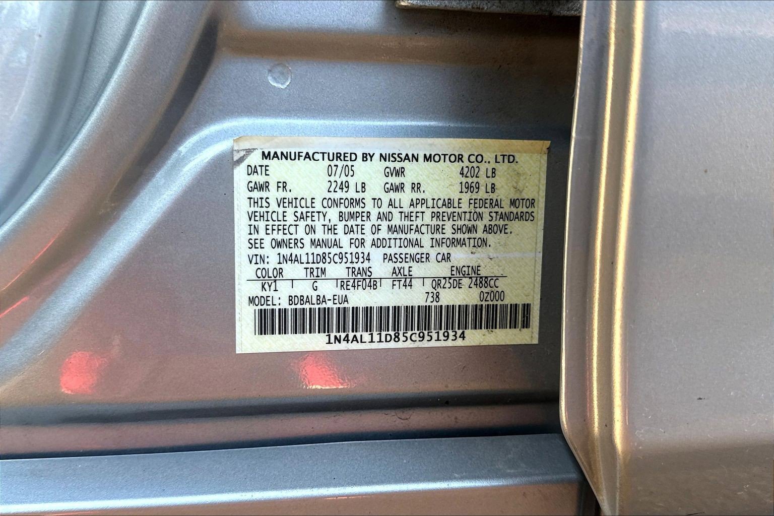 Used 2005 Nissan Altima 2.5 S w/ (S02) Side Airbags Pkg FWD image 4