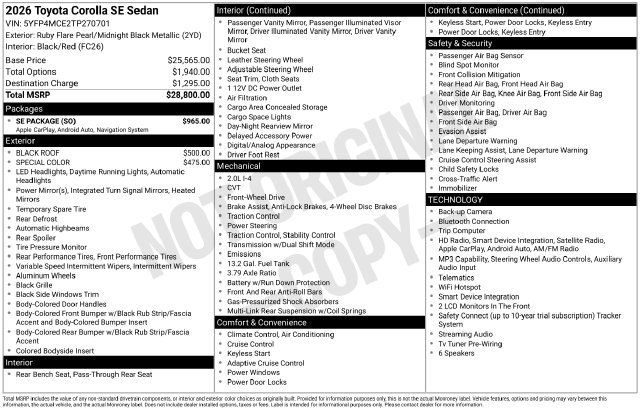 Used 2026 Toyota Corolla SE w/ SE Package FWD image 2