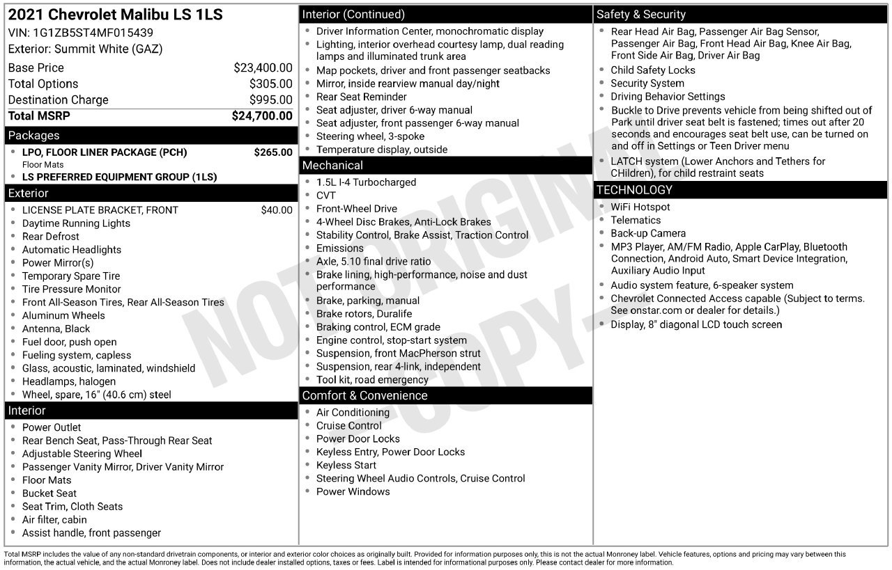 Used 2021 Chevrolet Malibu LS w/ LPO, Floor Liner Package FWD image 32