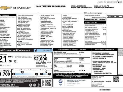 Used 2022 Chevrolet Traverse Premier w/ LPO, Floor Liner Package image 9