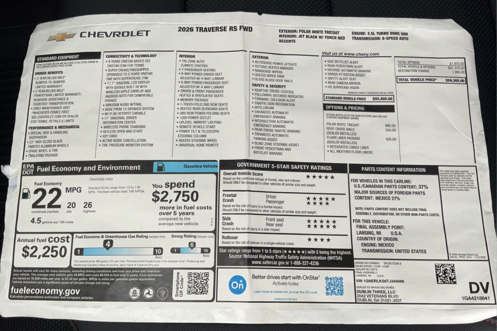 New 2026 Chevrolet Traverse RS w/ LPO, Floor Liner Package FWD image 21