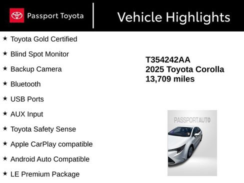 Certified 2025 Toyota Corolla LE w/ LE Premium Package FWD image 9