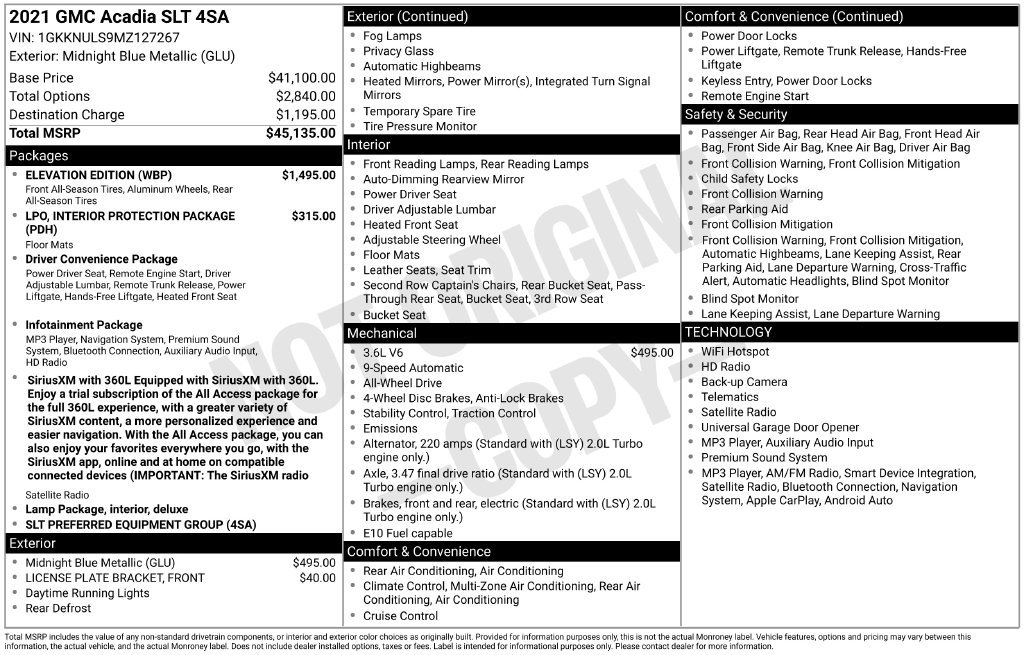 Used 2021 GMC Acadia SLT w/ Elevation Edition AWD/4WD image 2