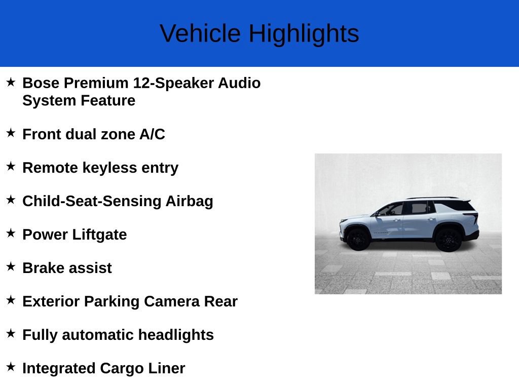 New 2026 Chevrolet Traverse RS w/ LPO, Floor Liner Package FWD image 3