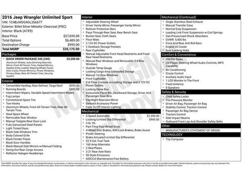 Used 2016 Jeep Wrangler Unlimited Sport w/ Quick Order Package 24S image 20