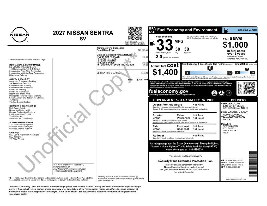 New 2027 Nissan Sentra SV w/ Floor Mat Package FWD image 38