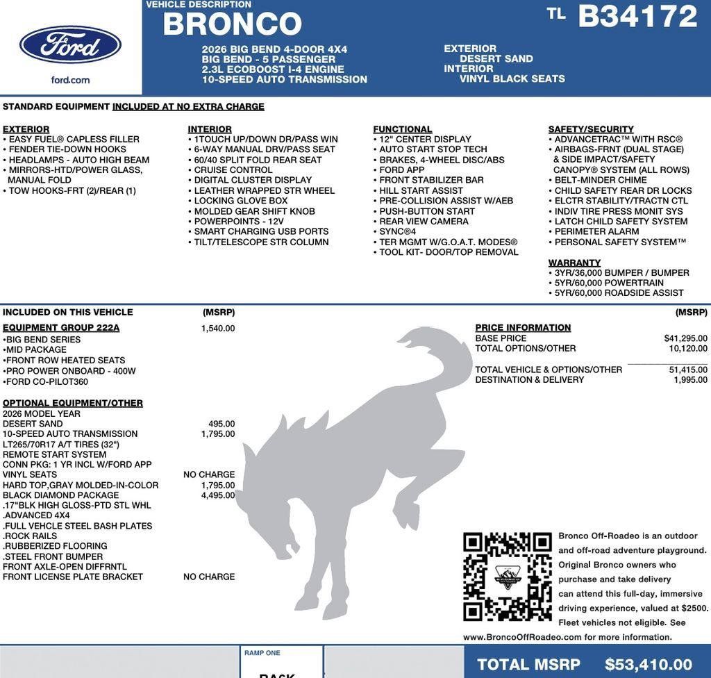 New 2026 Ford Bronco Big Bend w/ Black Diamond Package AWD/4WD image 2