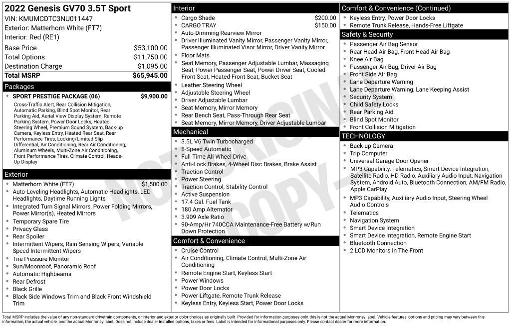 Used 2022 Genesis GV70 3.5T Sport w/ Sport Prestige Package AWD/4WD image 3
