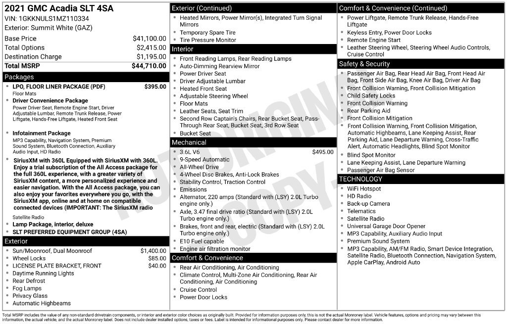 Used 2021 GMC Acadia SLT w/ LPO, Floor Liner Package AWD/4WD image 15