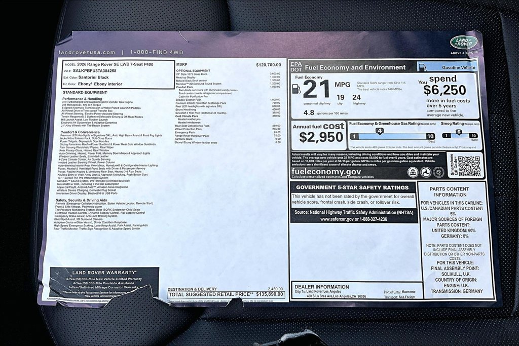 New 2026 Land Rover Range Rover Long Wheelbase SE AWD/4WD image 15
