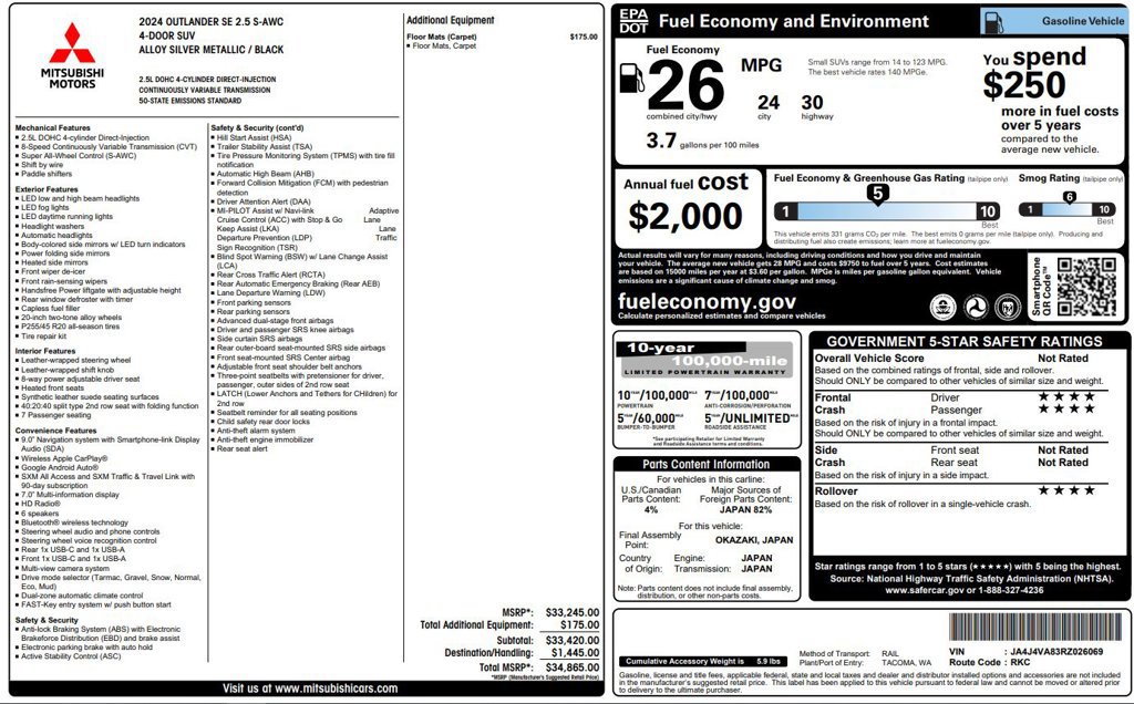 Used 2024 Mitsubishi Outlander SE AWD/4WD image 4