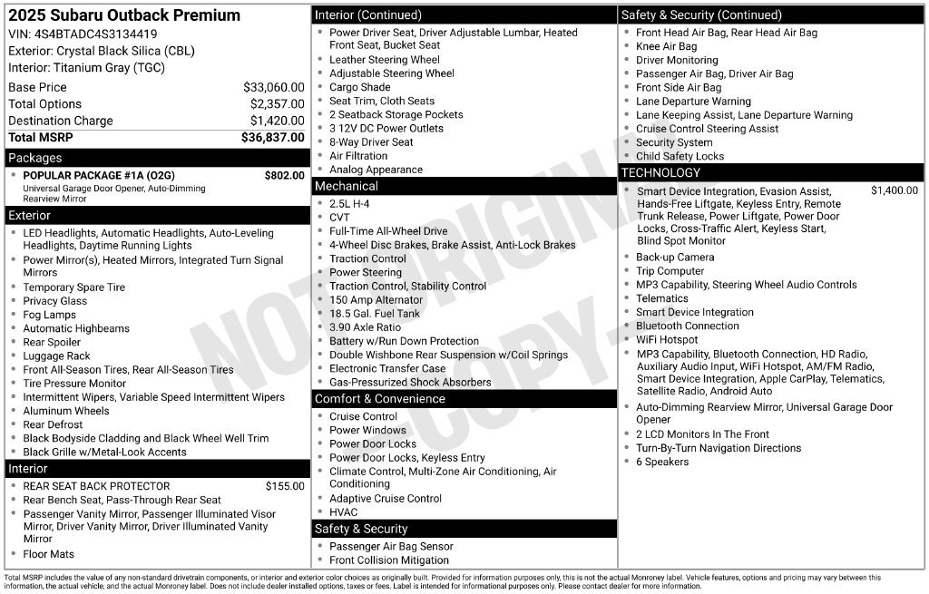 Used 2025 Subaru Outback Premium w/ Popular Package #1A AWD/4WD image 2