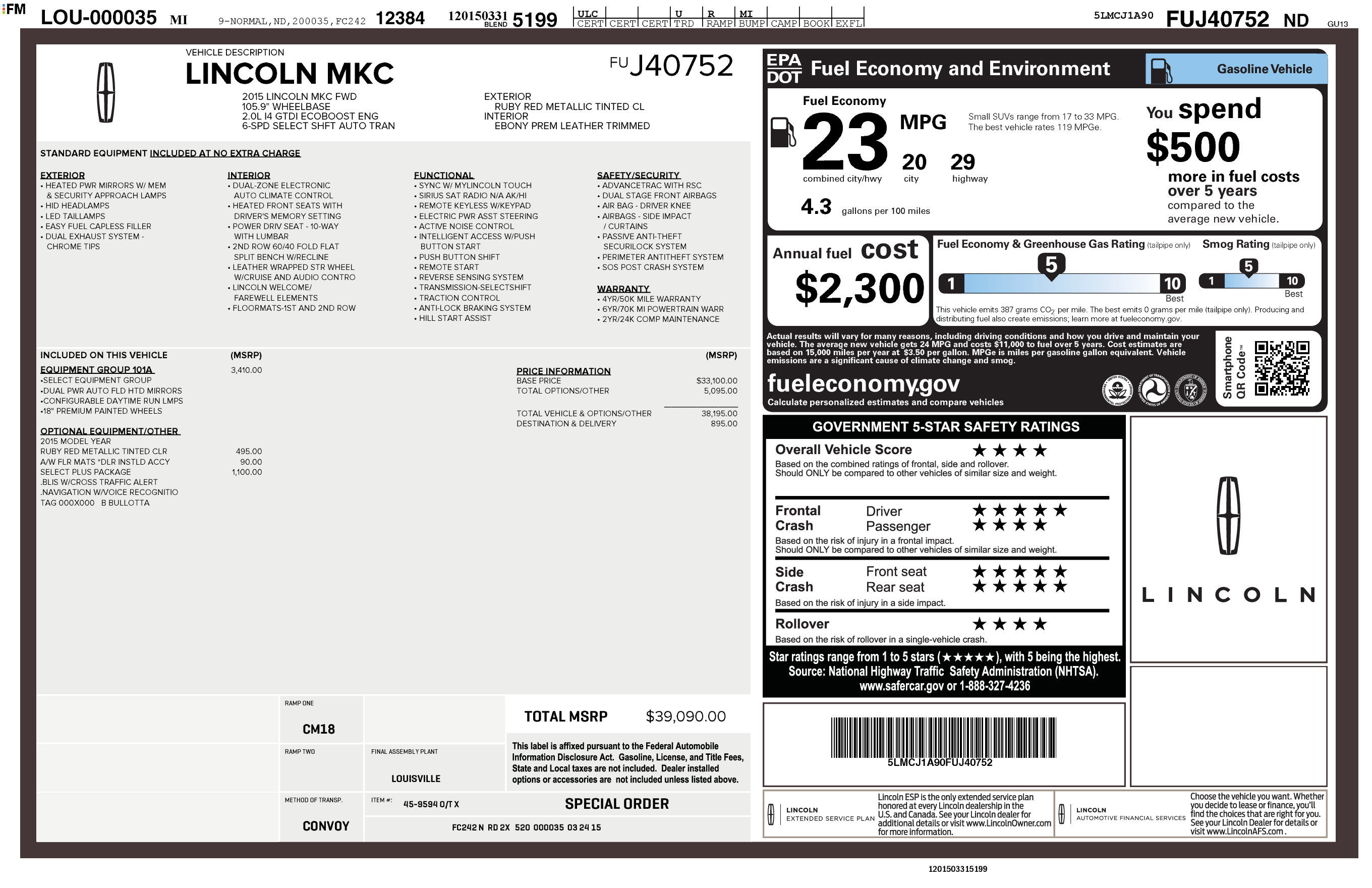 Used 2015 Lincoln MKC FWD w/ Equipment Group 101A Select image 40