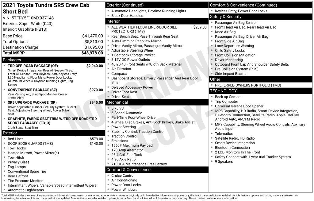 Used 2021 Toyota Tundra SR5 w/ TRD Off-Road Package AWD/4WD image 5