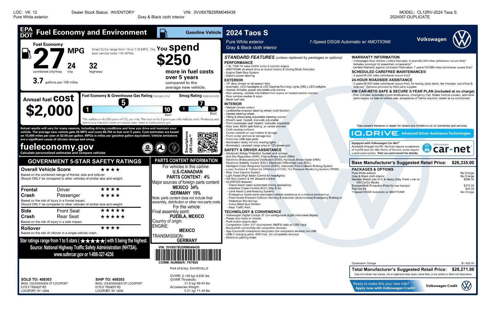Certified 2024 Volkswagen Taos S AWD/4WD image 44