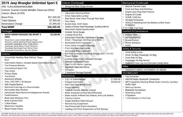 Used 2019 Jeep Wrangler Unlimited Sport S AWD/4WD image 17