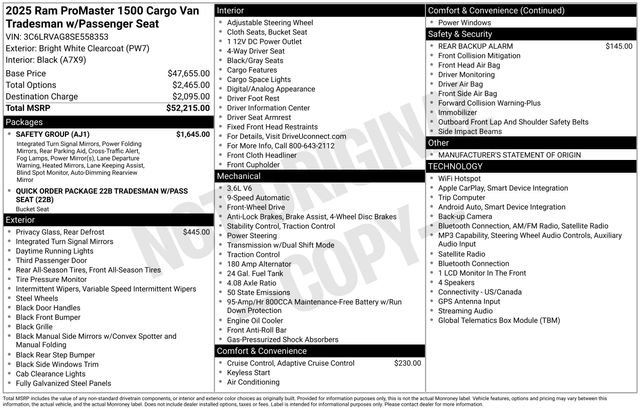 Used 2025 RAM ProMaster 1500 w/ Safety Group FWD image 2