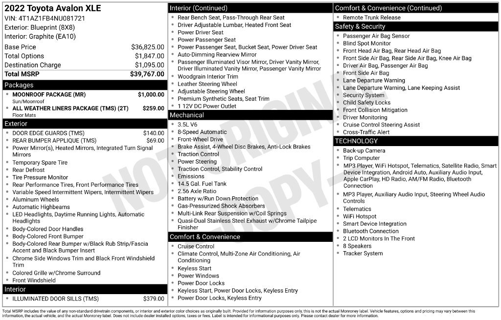 Used 2022 Toyota Avalon XLE w/ Moonroof Package FWD image 18