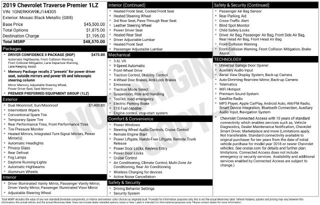 Used 2019 Chevrolet Traverse Premier w/ Driver Confidence II Package FWD image 34