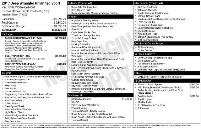 Used 2017 Jeep Wrangler Unlimited Sport w/ Quick Order Package 24S AWD/4WD image 32