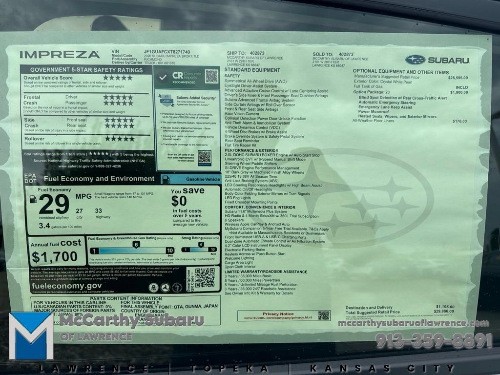 New 2026 Subaru Impreza 2.0i Sport AWD/4WD image 11