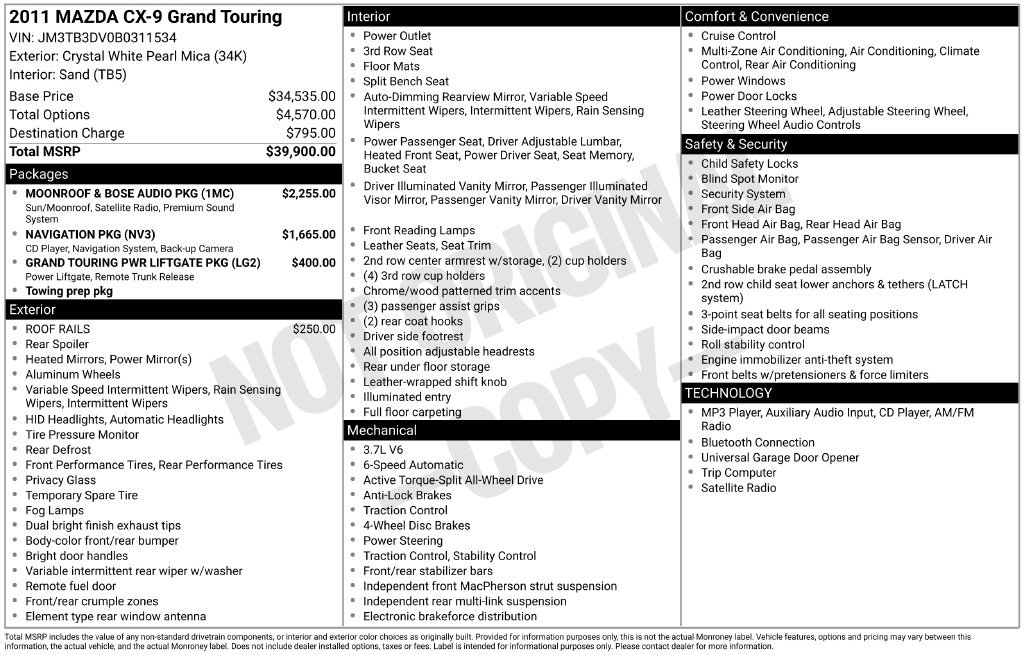 Used 2011 MAZDA CX-9 Grand Touring w/ Moonroof & Bose Audio Pkg AWD/4WD image 8