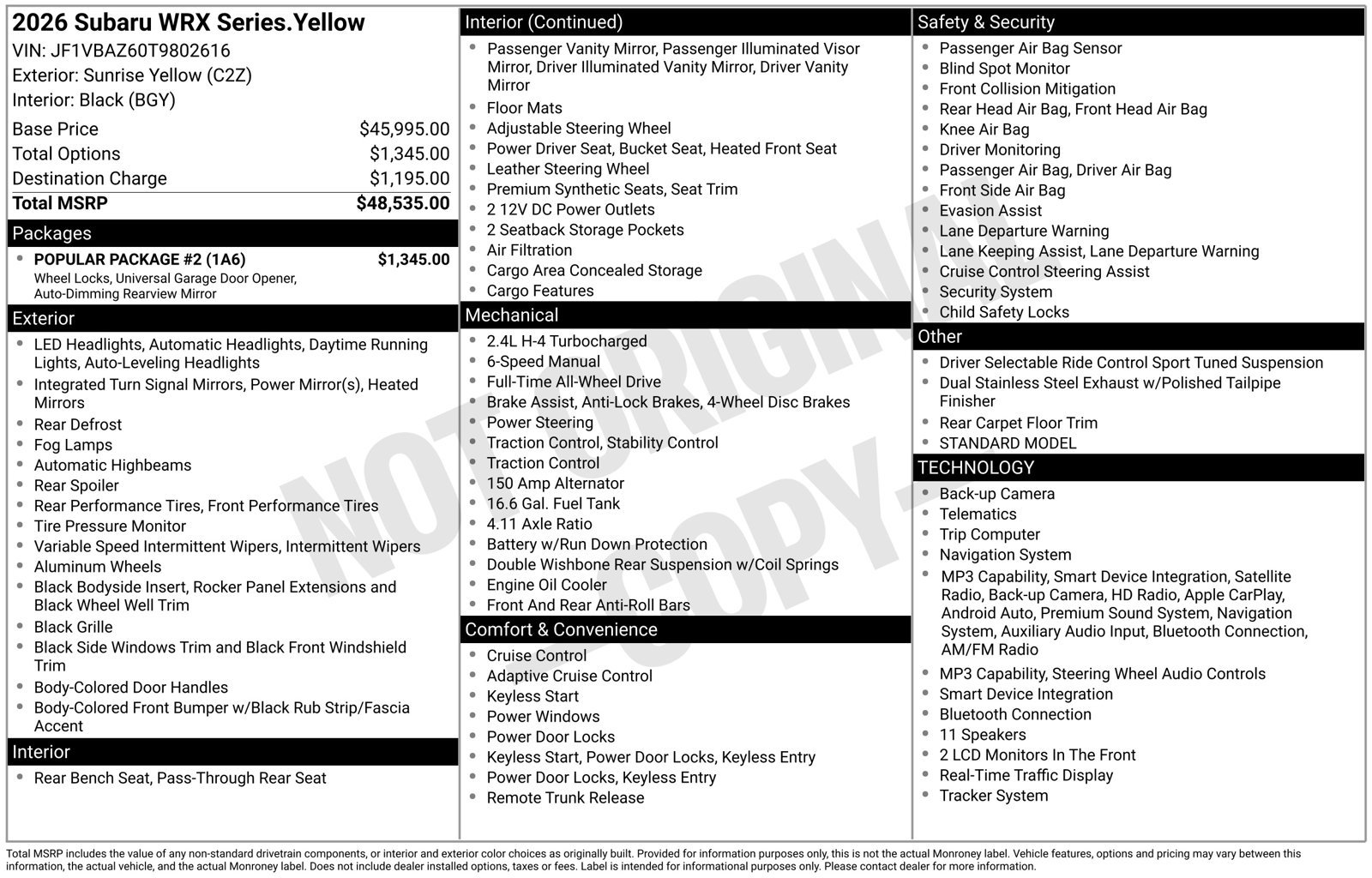New 2026 Subaru WRX tS w/ Popular Package #2 AWD/4WD image 4