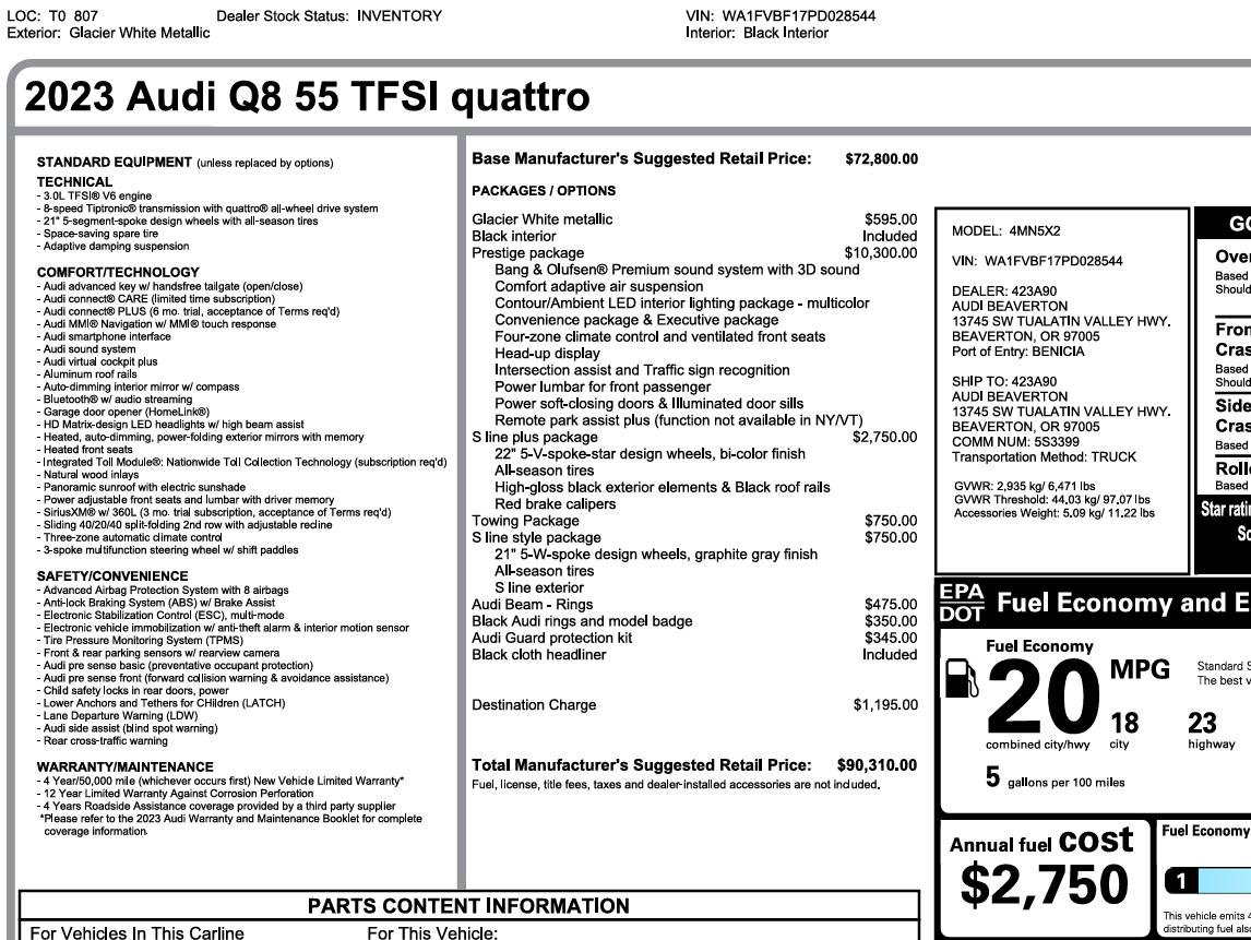 Used 2023 Audi Q8 Prestige w/ Prestige Package AWD/4WD image 3