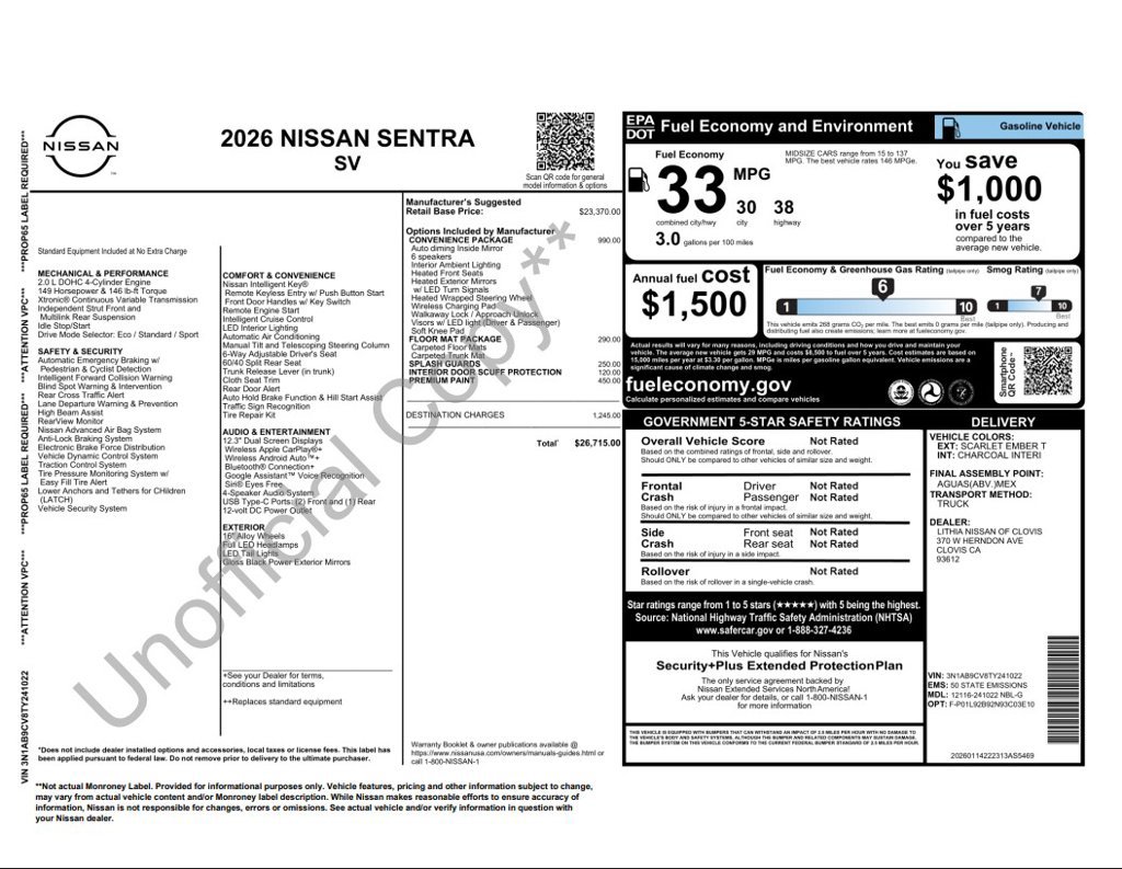 Used 2026 Nissan Sentra SV w/ SV Convenience Package FWD image 2
