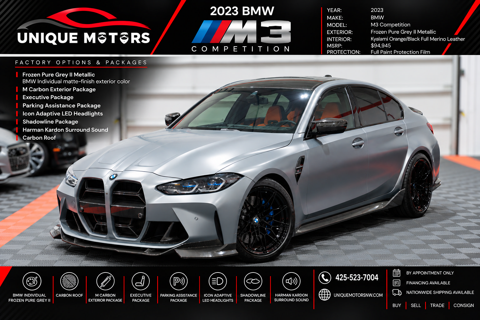 Used 2023 BMW M3 Competition w/ M Carbon Exterior Package RWD image 1