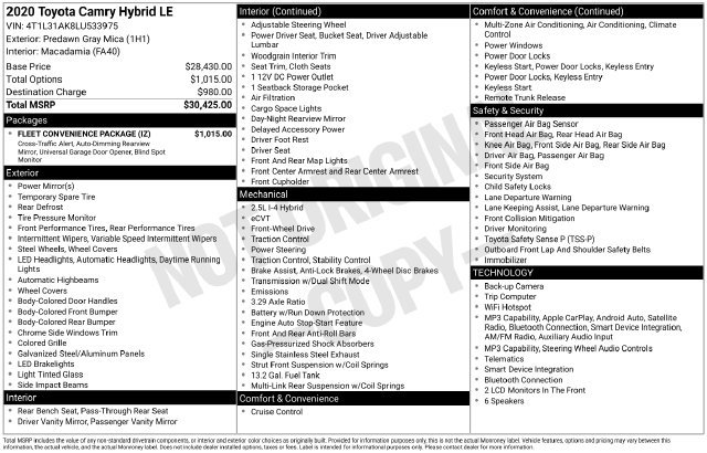 Used 2020 Toyota Camry LE w/ Fleet Convenience Package FWD image 7