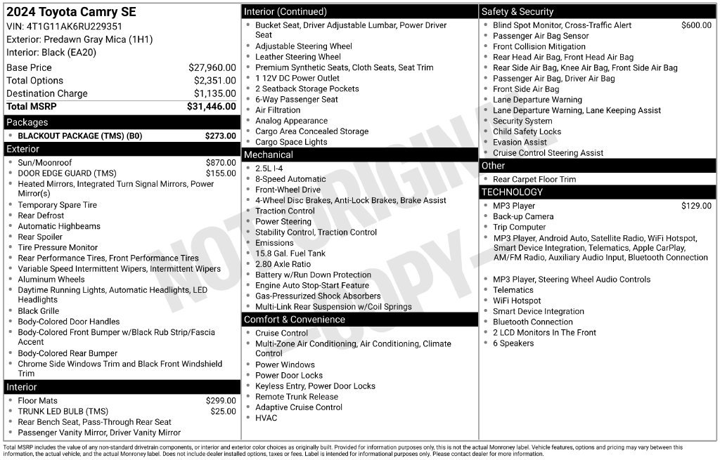 Used 2024 Toyota Camry SE w/ Blackout Package (TMS) FWD image 5