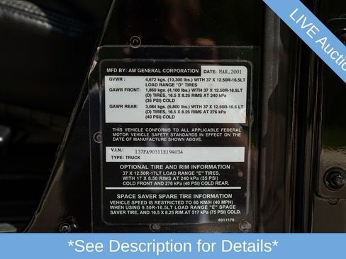 Used 2001 HUMMER H1 4-Door Open Top image 33