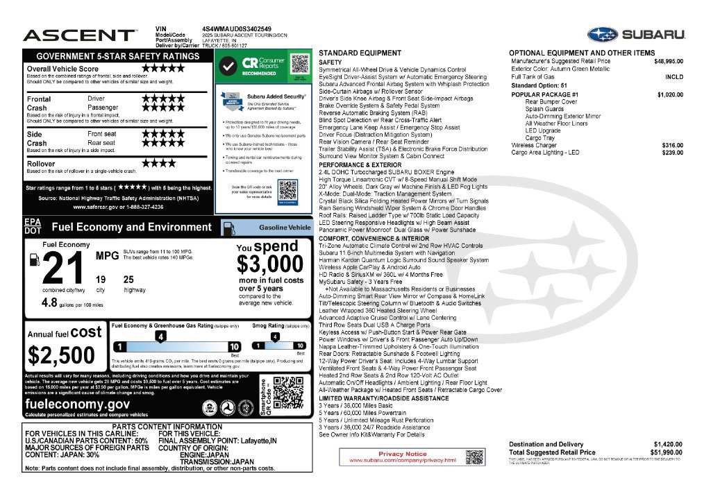 Used 2025 Subaru Ascent Touring w/ Popular Package #1 AWD/4WD image 4