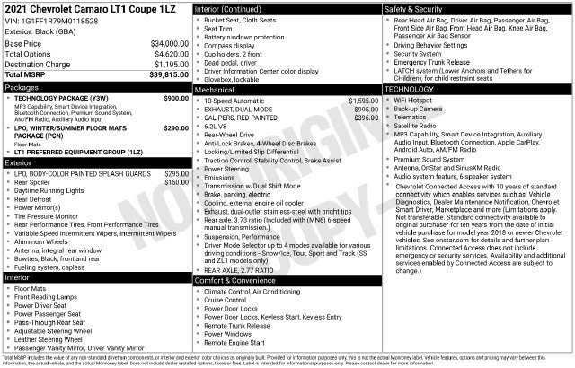 Used 2021 Chevrolet Camaro LT w/ Technology Package RWD image 2