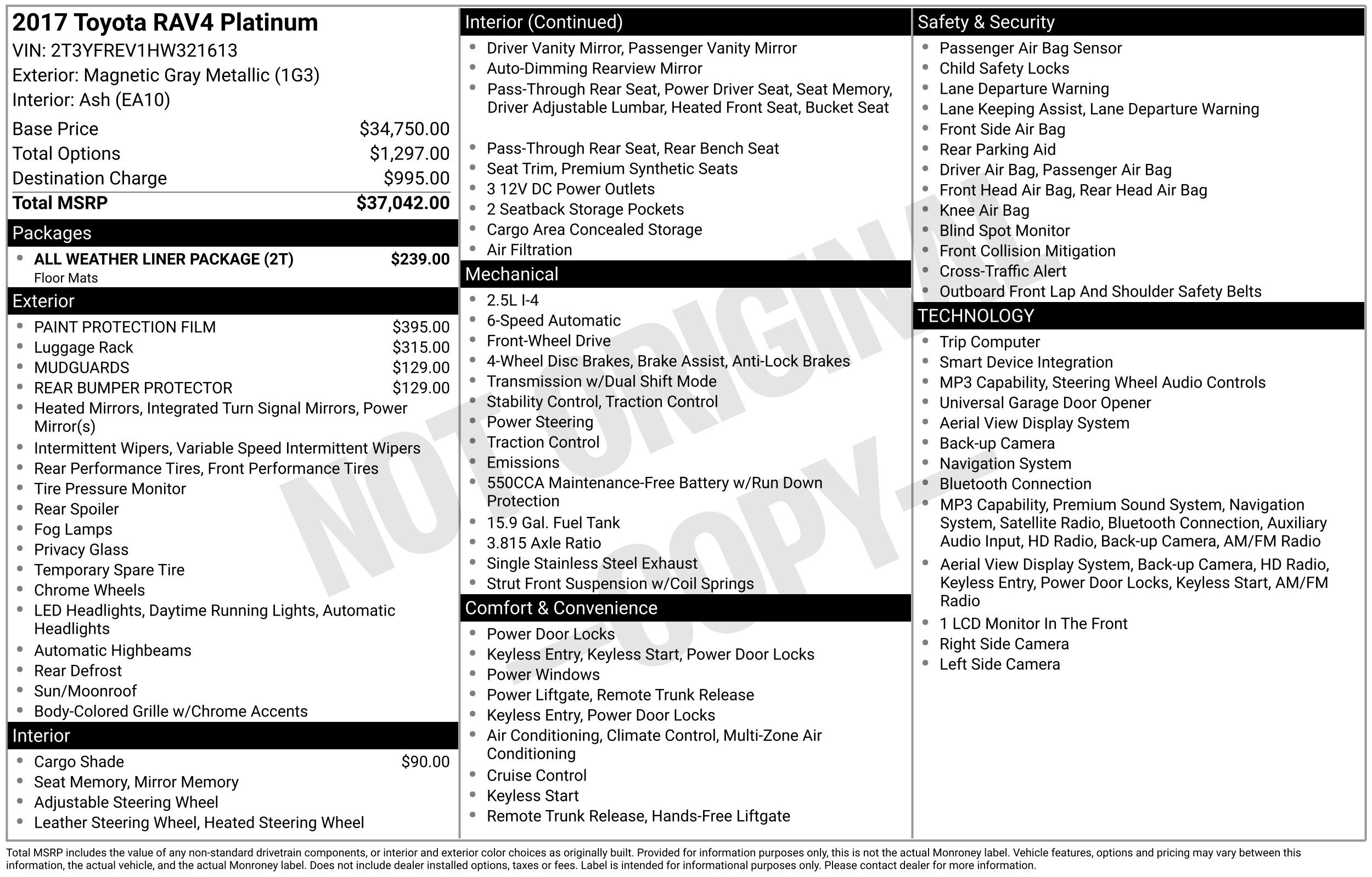 Used 2017 Toyota RAV4 Platinum w/ All Weather Liner Package FWD image 5