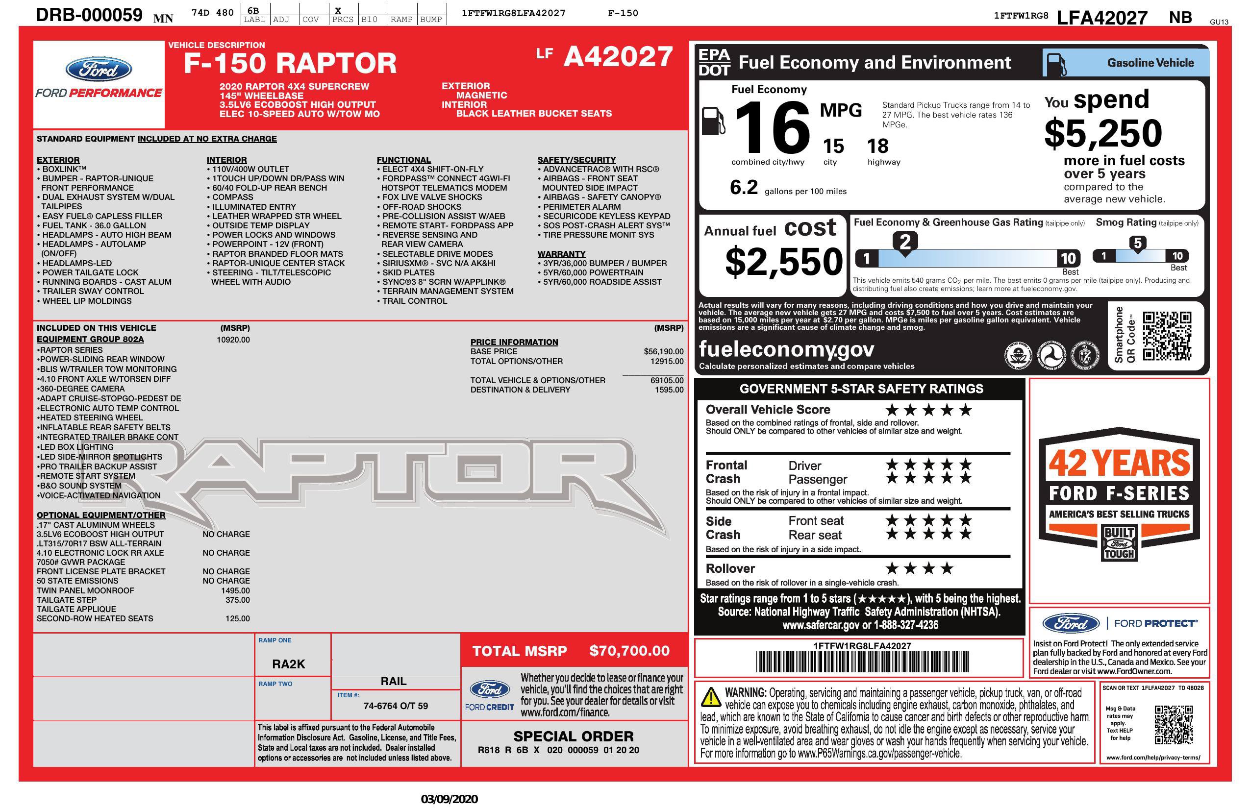 Used 2020 Ford F150 Raptor w/ Equipment Group 802A Luxury AWD/4WD image 2