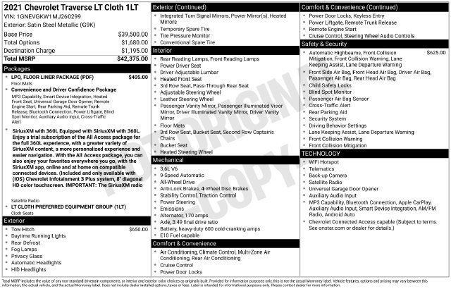 Used 2021 Chevrolet Traverse LT w/ LPO, Floor Liner Package AWD/4WD image 7