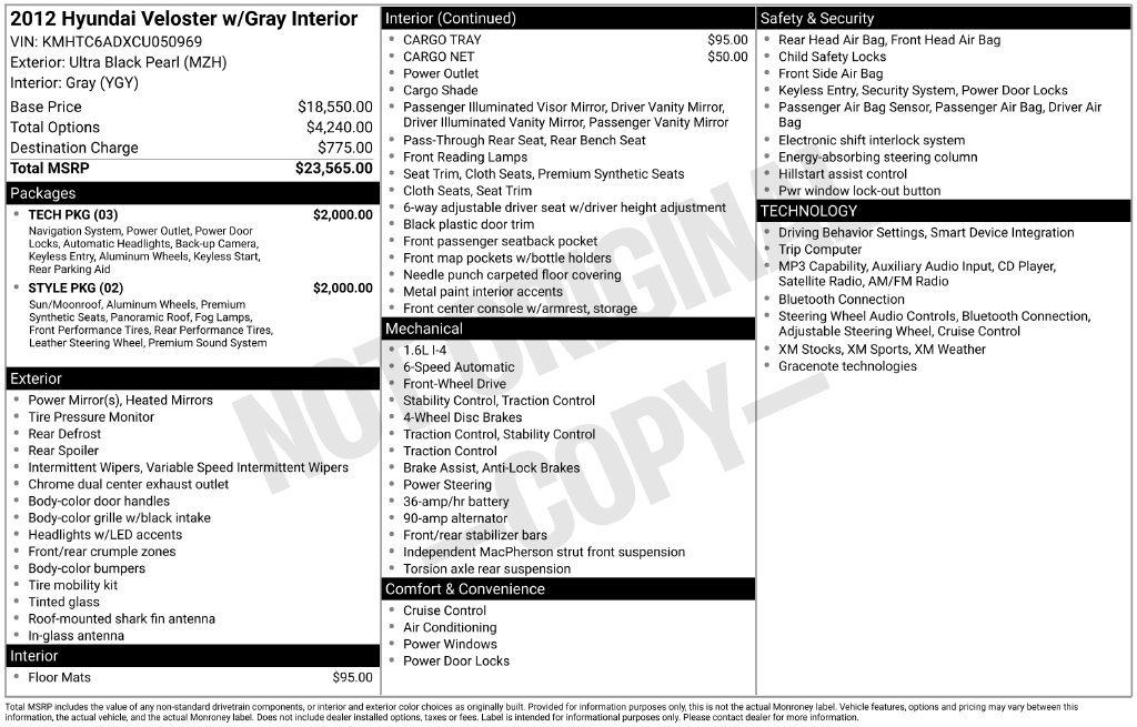 Used 2012 Hyundai Veloster w/ Style Pkg FWD image 2