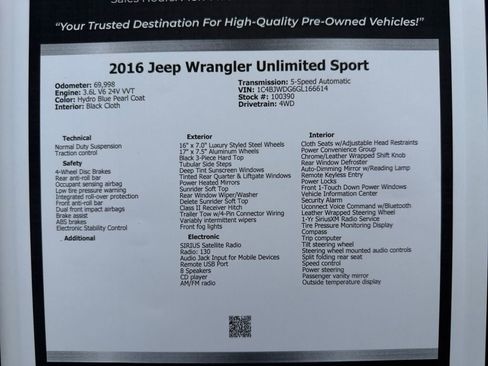 Used 2016 Jeep Wrangler Unlimited Sport w/ Quick Order Package 24S AWD/4WD image 49