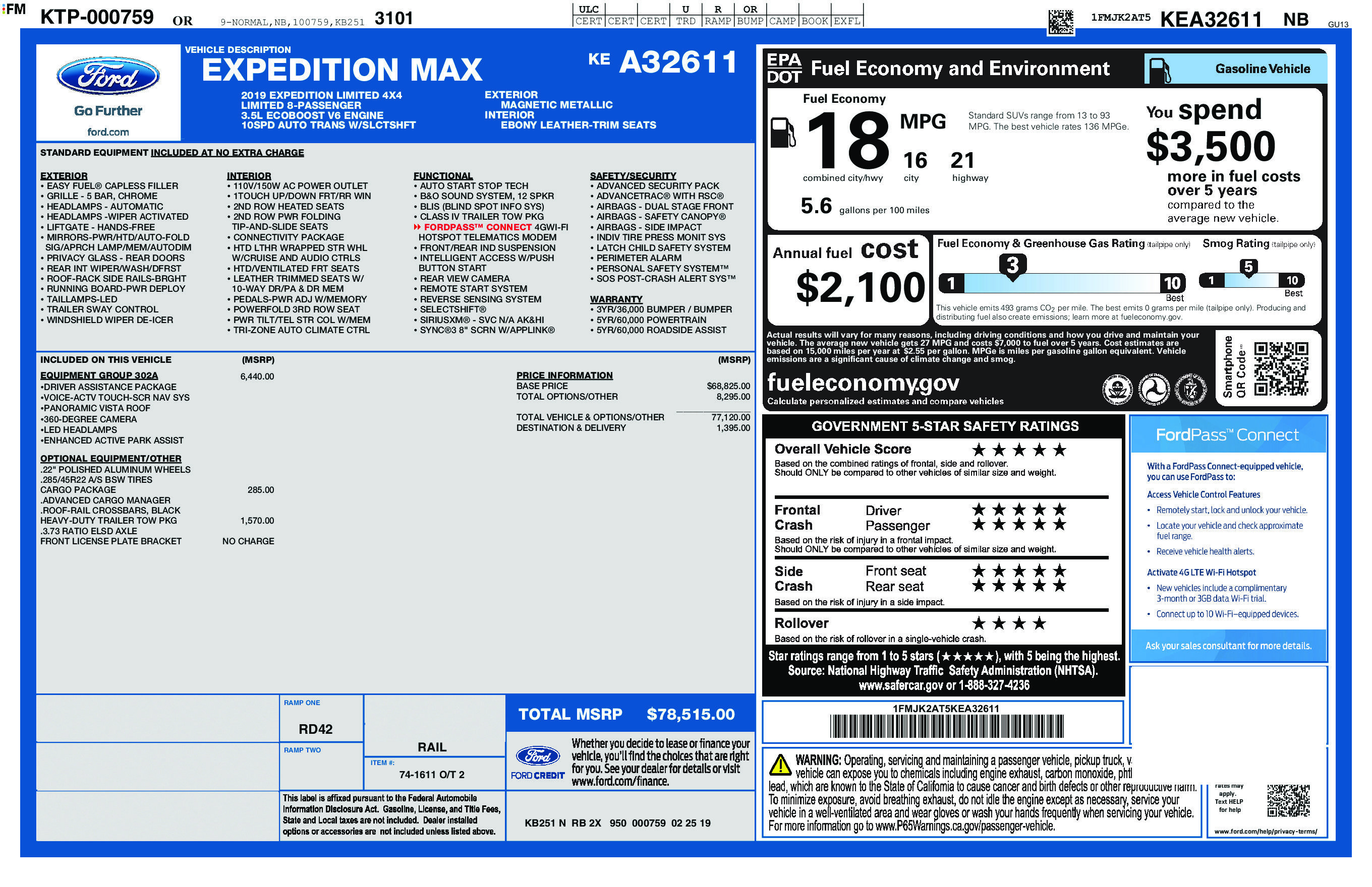 Used 2019 Ford Expedition Max Limited w/ Equipment Group 302A AWD/4WD image 1